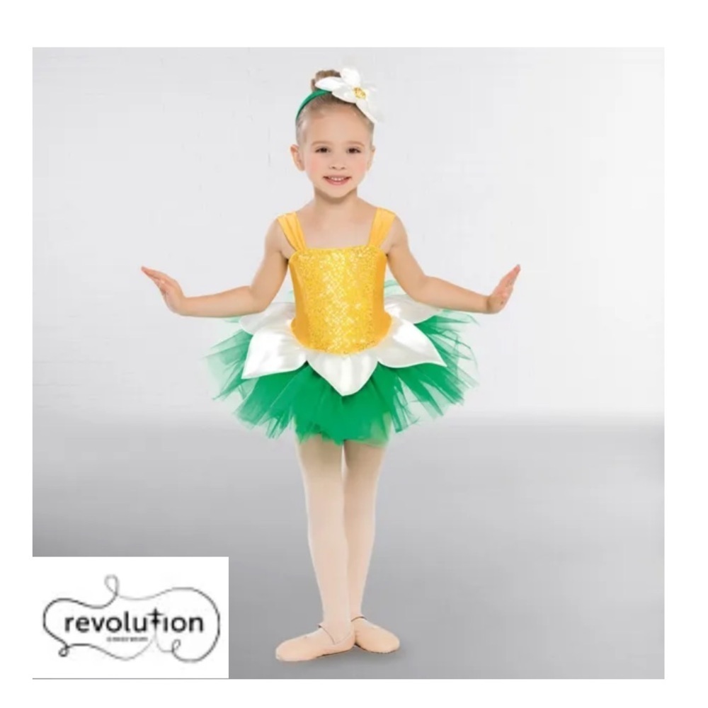 Yellow & Green Flower Costume With White Petal Tutu Skirt By Revolution Dancewea
